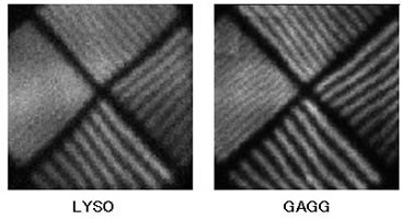 122keVガンマ線照射によるスリットファントム画像、LYSO（左）とGAGG(右)