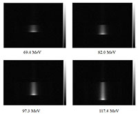 エネルギーの異なる陽子線の発光画像（左）