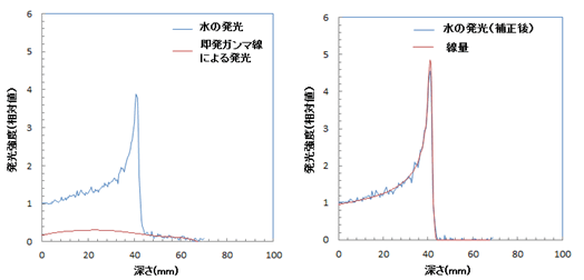 補正前の陽子線照射発光の深度線量分布と即発ガンマ線による発光の分布（左）補正後の深度線量分布（右）